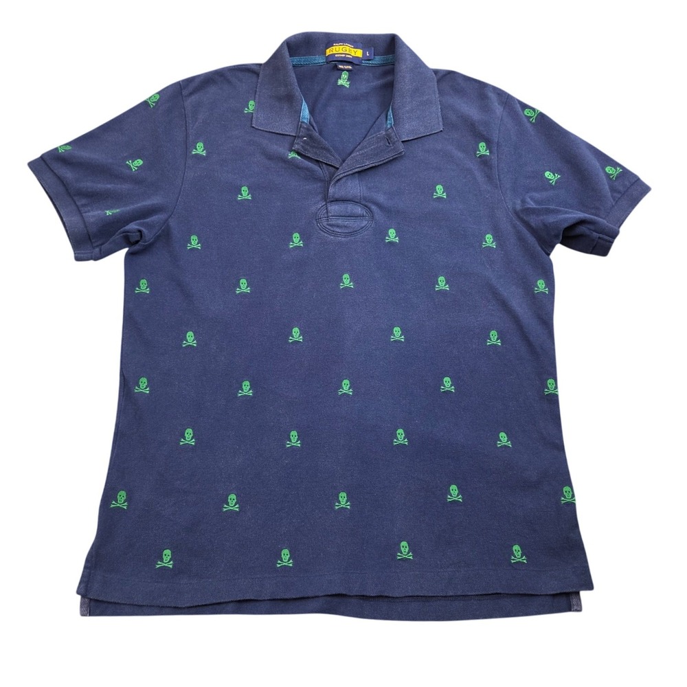 Ralph Lauren Rugby Polo Shirt Mens L Navy Blue Skull Crossbones Embroidered Prep